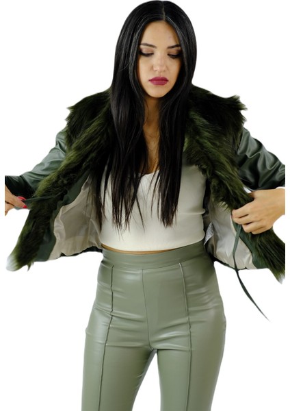 Deri Yakası Kürklü Ceket Koyu Yeşil fırsatları