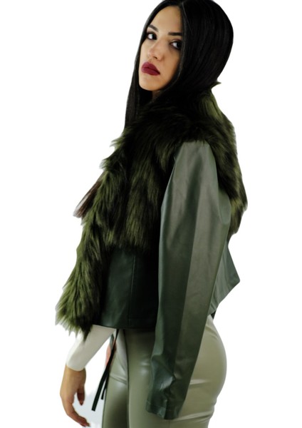 Deri Yakası Kürklü Ceket Koyu Yeşil indirimleri