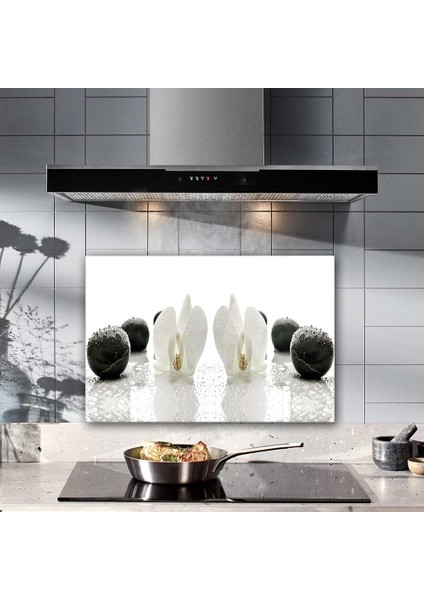 Beyaz Orkide Siyah Oniks | Ocak Arkası Koruyucu | 40CM x 60CM