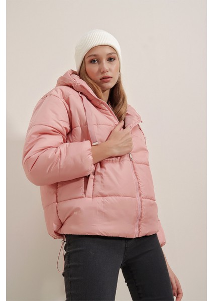 5117 Kapşonlu Şişme Mont - Pudra modelleri