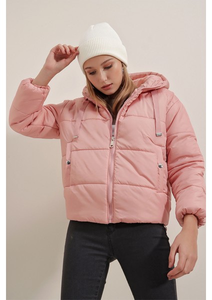 5117 Kapşonlu Şişme Mont - Pudra fırsatları