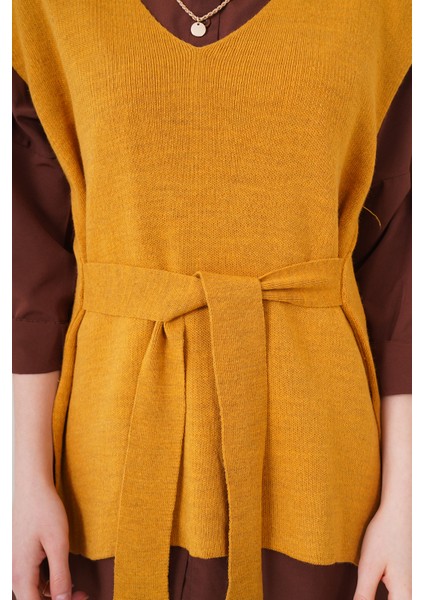 15760 Kuşaklı Triko Süveter - Hardal fırsatları