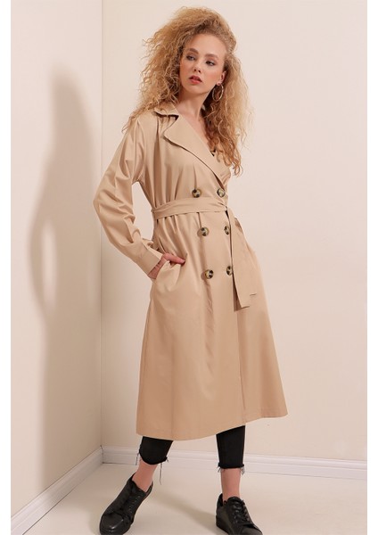 5853 Kruvaze Yaka Trençkot - Vizon indirimleri