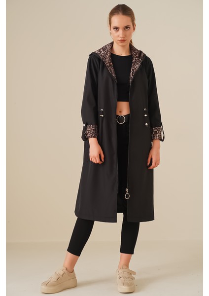 9091 Beli Büzgülü Kapşonlu Trençkot - Siyah