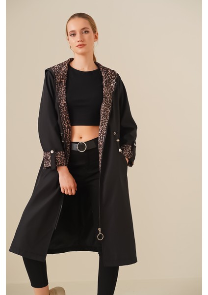 9091 Beli Büzgülü Kapşonlu Trençkot - Siyah fırsatları