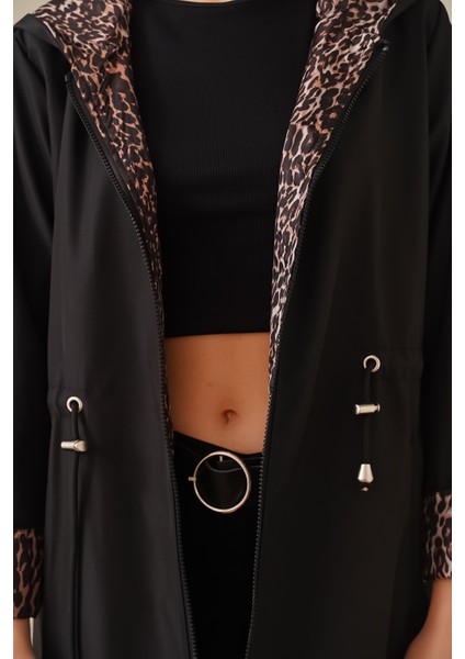 9091 Beli Büzgülü Kapşonlu Trençkot - Siyah indirimleri