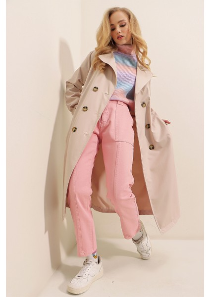 5853 Kruvaze Yaka Trençkot - Bej modelleri