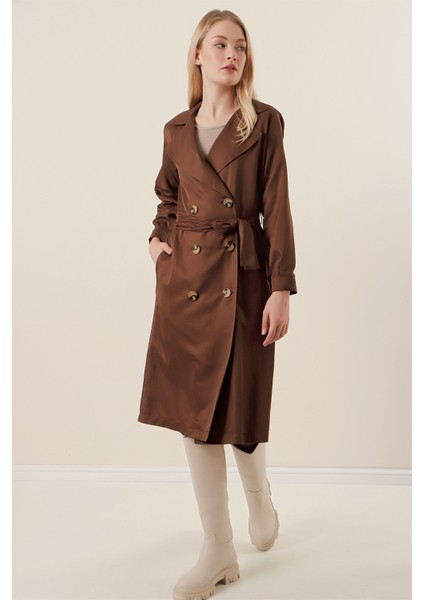 5853 Kruvaze Yaka Trençkot - Kahverengi modelleri