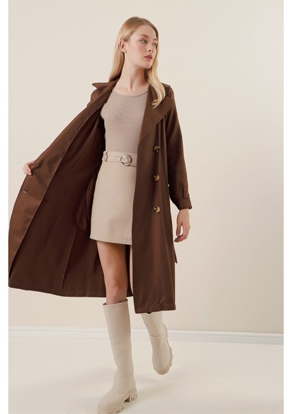 5853 Kruvaze Yaka Trençkot - Kahverengi indirimleri