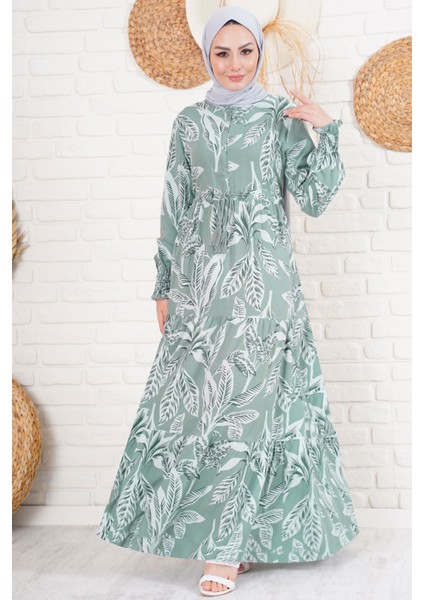 2145 Desenli Tesettür Elbise - Haki
