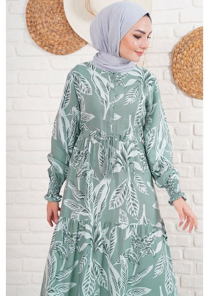 2145 Desenli Tesettür Elbise - Haki