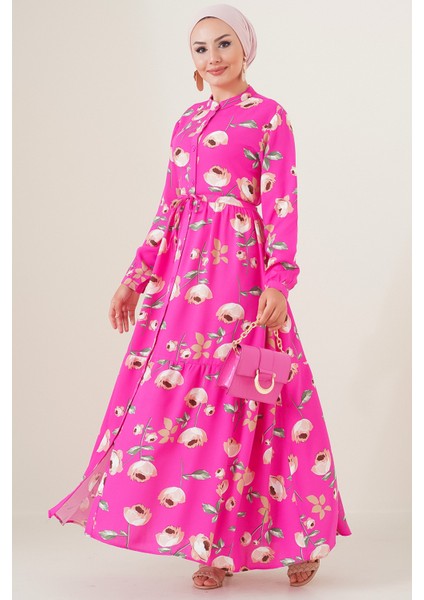 2144 Hakim Yaka Tesettür Elbise - A.fuşya