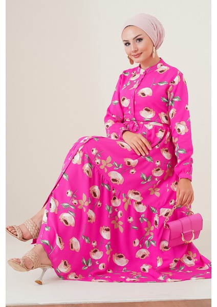 2144 Hakim Yaka Tesettür Elbise - A.fuşya fiyatları