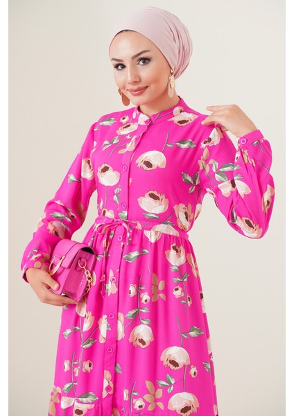 2144 Hakim Yaka Tesettür Elbise - A.fuşya modelleri