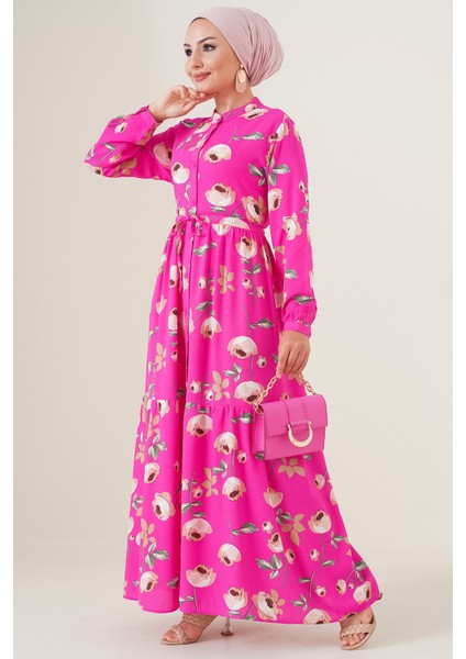 2144 Hakim Yaka Tesettür Elbise - A.fuşya fırsatları