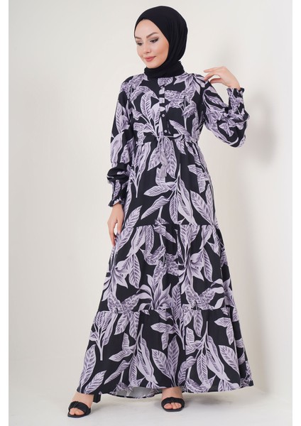 2145 Desenli Tesettür Elbise - D.siyah