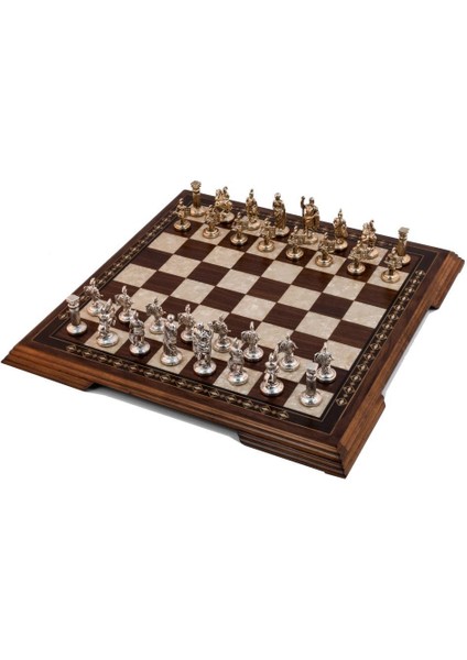 Flat Ayaklı Ceviz Satranç Takımı | Metal Figürlü
