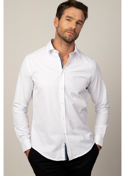 Slim Fit Uzun Kol Armürlü Düğme Patı Manşet Içi Biyeli Erkek Gömlek