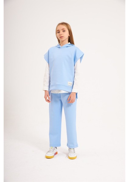 Kız Çocuk Scuba Kumaş Kısa Kollu Sweatshirt Beyaz Gömlek Lastikli Pantolon 3'lü Takım