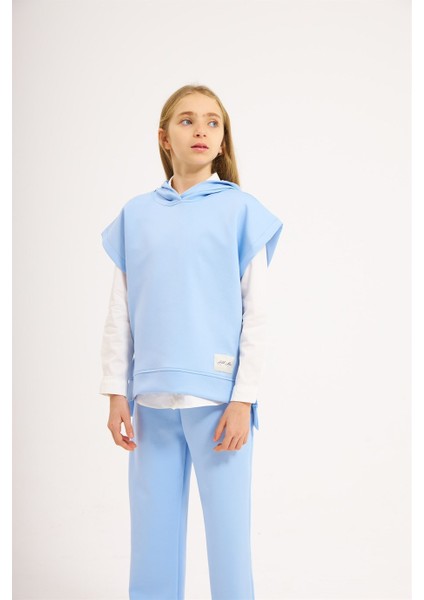 Kız Çocuk Scuba Kumaş Kısa Kollu Sweatshirt Beyaz Gömlek Lastikli Pantolon 3'lü Takım