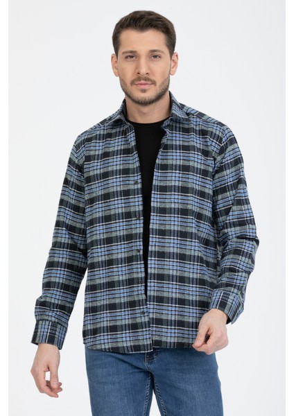 Erkek Mavi Klasik Kesim Uzun Kol Cepli Kareli Kışlık Gömlek