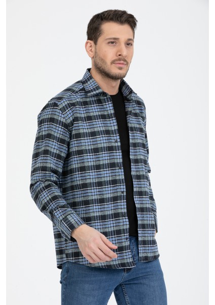 Erkek Mavi Klasik Kesim Uzun Kol Cepli Kareli Kışlık Gömlek fiyatları