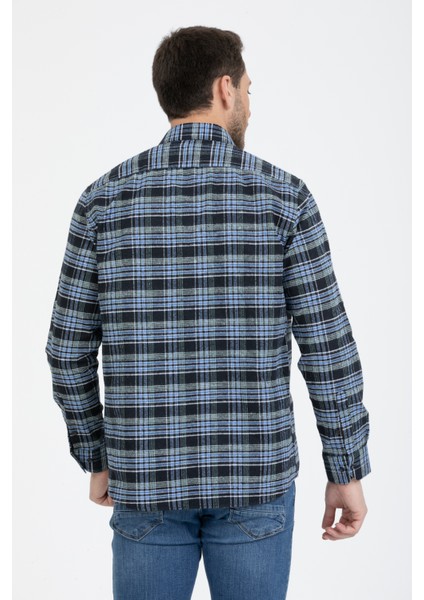 Erkek Mavi Klasik Kesim Uzun Kol Cepli Kareli Kışlık Gömlek modelleri