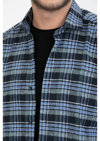 Erkek Mavi Klasik Kesim Uzun Kol Cepli Kareli Kışlık Gömlek fırsatları