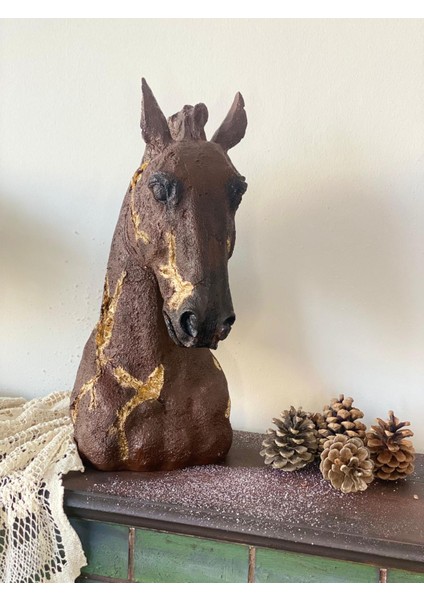 Dokulu At Kafası Heykeli At Biblo At Kafası Heykel Biblo Kahve Gold Hayvan Biblo Heykel