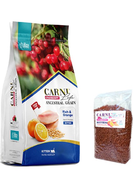 Carni Life Cranberry Low Grain Kitten Balıklı Somonlu ve Portakallı Düşük Tahıllı Yavru Kedi Mamasi 1KG Ekopaket