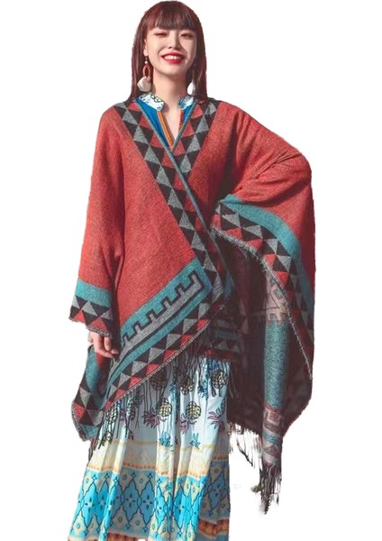 2022 Sonbahar ve Kış Yeni Boho Püskül Şal Eşarp Pelerin Çift Kullanımlı Uzun Vahşi Kalın Pelerin Kadın (Yurt Dışından) fiyatları