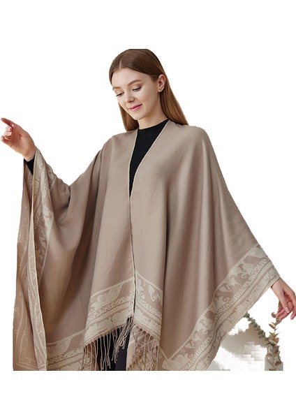 2022 Sonbahar ve Kış Yeni Boho Püskül Şal Eşarp Pelerin Çift Kullanımlı Uzun Vahşi Kalın Pelerin Kadın (Yurt Dışından)