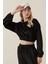 55392 Kadife Crop Bluz - Siyah 2