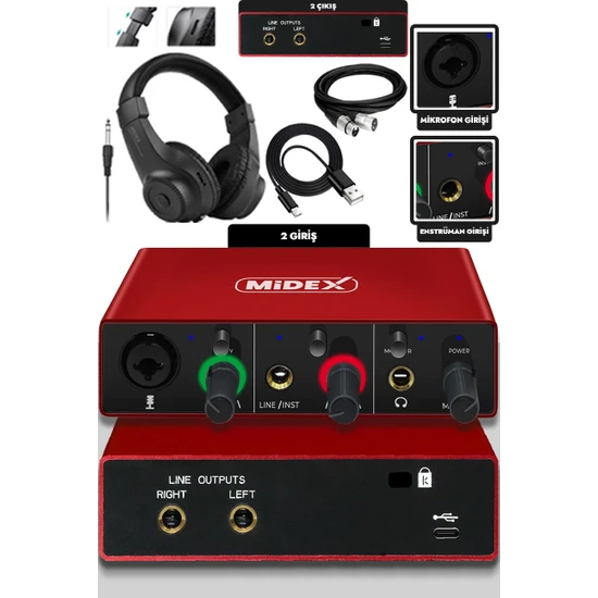 Midex GLX-500 PRO-HD 2 Giriş 2 Çıkış USB Stüdyo Ses Kartı Kulaklık ve XLR Kablo