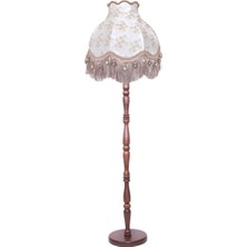 Dekovien Ekru Kadife Üzerine Vizon Fransız Dantel Kaplama Ahşap Ayaklı Lambader Vintage Model 170X45CM