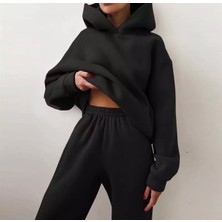 Amor Man Büyük Beden Kapüşonlu %100 Pamuk 3 Iplik Tam Kışlık Oversize Kadın Eşofman Takımı