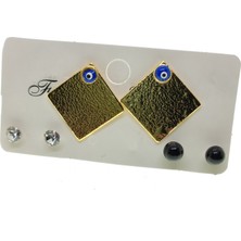 X-lady Accessories Fashion Earrings Altın Renk Kare Model Göz Nazar Mineli Kombin Küpe - 2159