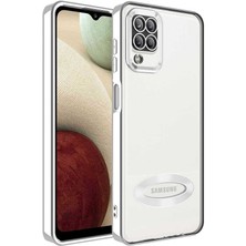 MTK Moveteck Samsung Galaxy M12 Kılıf Kamera Lens Korumalı Yazı ve Logo Gösterir Parlak Halkalı Şeffaf