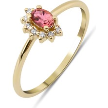 Kairos Jewelry 14 Ayar Pembe Oval Turmalin Pırlanta Vintage Altın Yüzük KRS018-T14GRZ