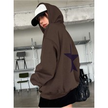 Unisex Kahverengi Yıldız Sırt Baskılı Oversize Kapşonlu Sweatshirt