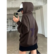 Unisex Kahverengi Yıldız Sırt Baskılı Oversize Kapşonlu Sweatshirt