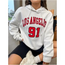Unisex Beyaz Los Angeles 91 Baskılı Oversize Kapşonlu Sweatshirt