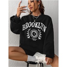 Unisex Siyah Brooklyn Baskılı Bisiklet Yaka Oversize Sweatshirt