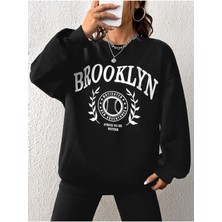 Unisex Siyah Brooklyn Baskılı Bisiklet Yaka Oversize Sweatshirt