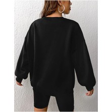 Unisex Siyah Brooklyn Baskılı Bisiklet Yaka Oversize Sweatshirt