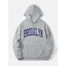 Unisex Gri Brooklyn Baskılı Kapüşonlu Sweatshirt