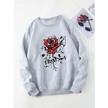 Kadın Gri Gül Freedom Bisiklet Yaka Sweatshirt