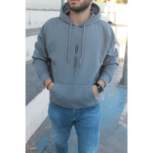 Unisex Füme Göğüs Dikey Baskılı Kapşonlu Oversize Sweatshirt