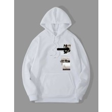 Unisex Beyaz New Moment Baskılı Oversize Kapşonlu Sweatshirt 