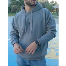 Unisex Füme Göğüs Dikey Baskılı Kapşonlu Oversize Sweatshirt